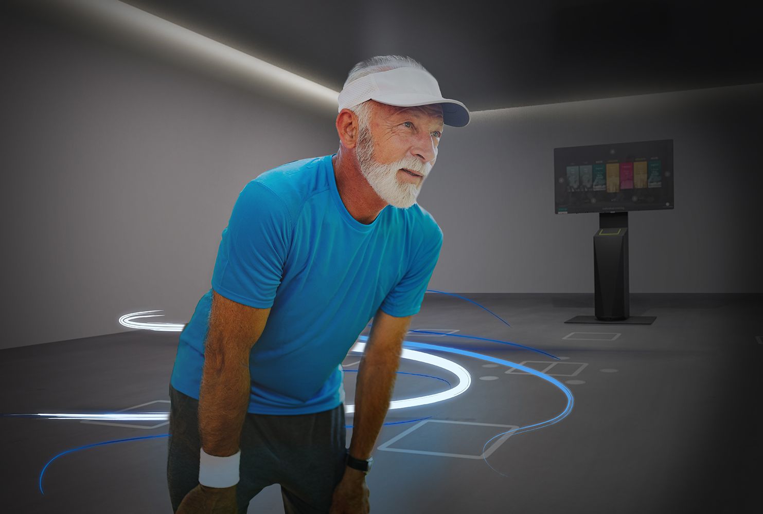 Person im blauen Hemd in einem Raum mit interaktiver Bodenbeleuchtung